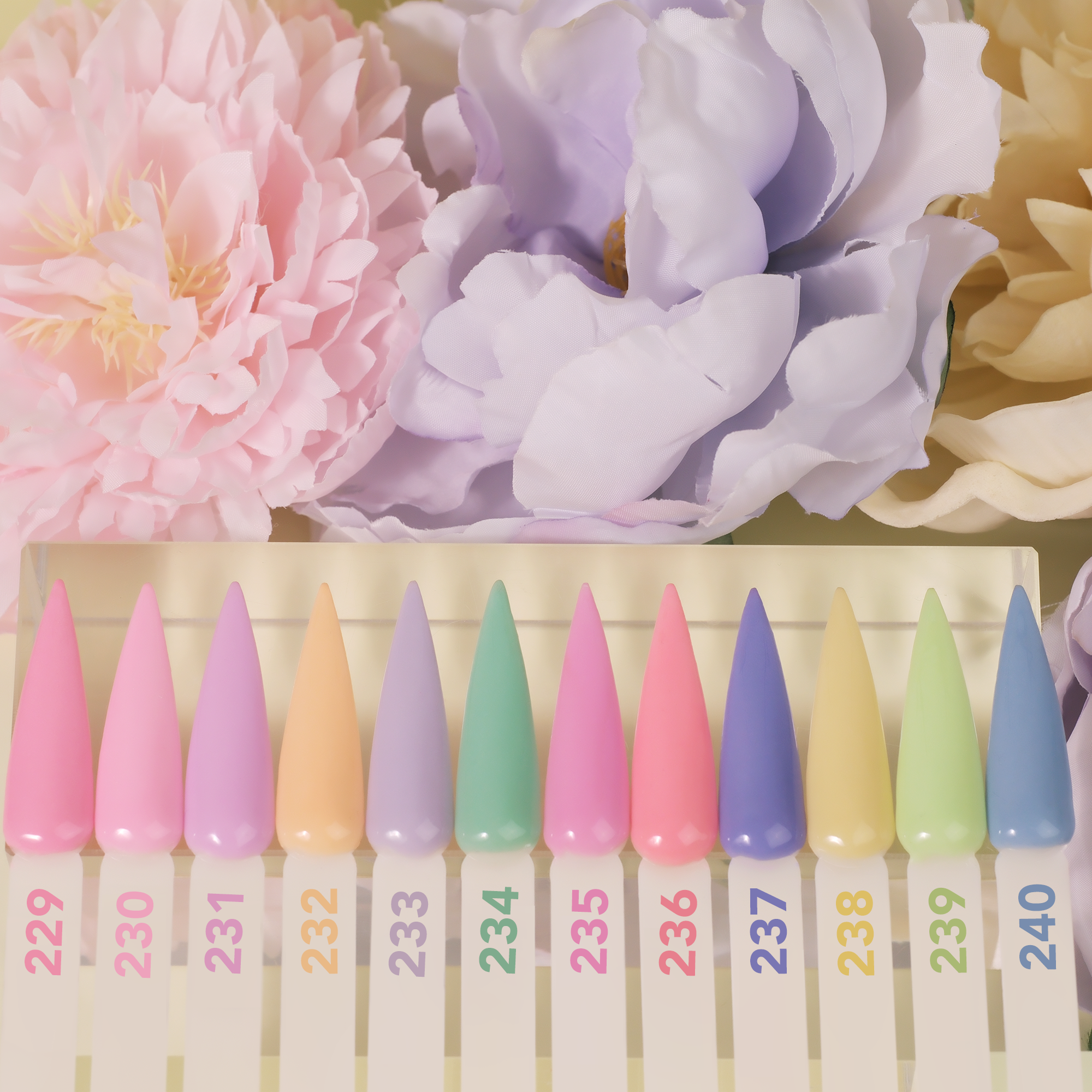 Color chart displaying Zurno's Dip n' Duo Spring Collection shades, available in Gel Polish, Nail Lacquer, and Dipping Powder